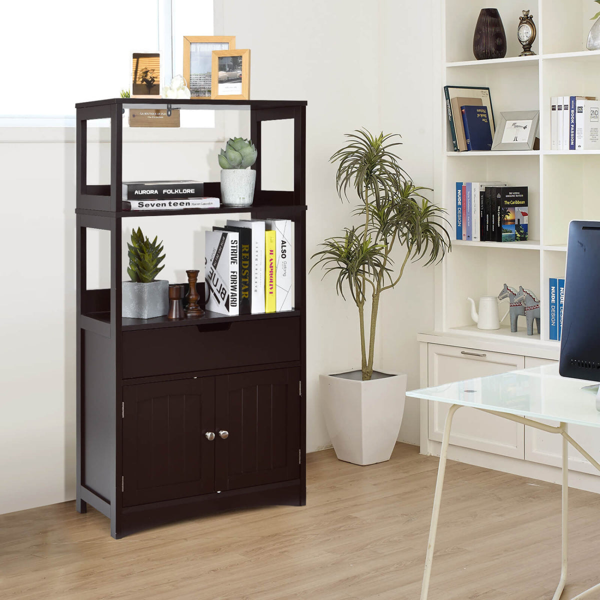 Bathroom Storage Cabinet with Drawer and Shelf Floor Cabinet-Espresso-Floor Cabinets-DECOROLALA