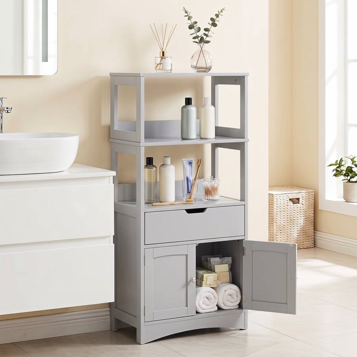 Bathroom Storage Cabinet with Drawer and Shelf Floor Cabinet-Gray-Floor Cabinets-DECOROLALA