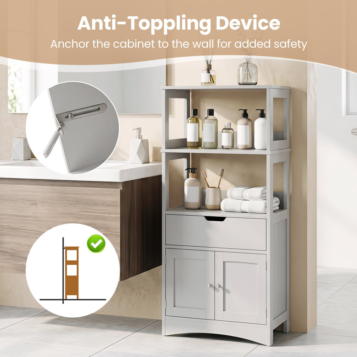 Bathroom Storage Cabinet with Drawer and Shelf Floor Cabinet-Gray-Floor Cabinets-DECOROLALA