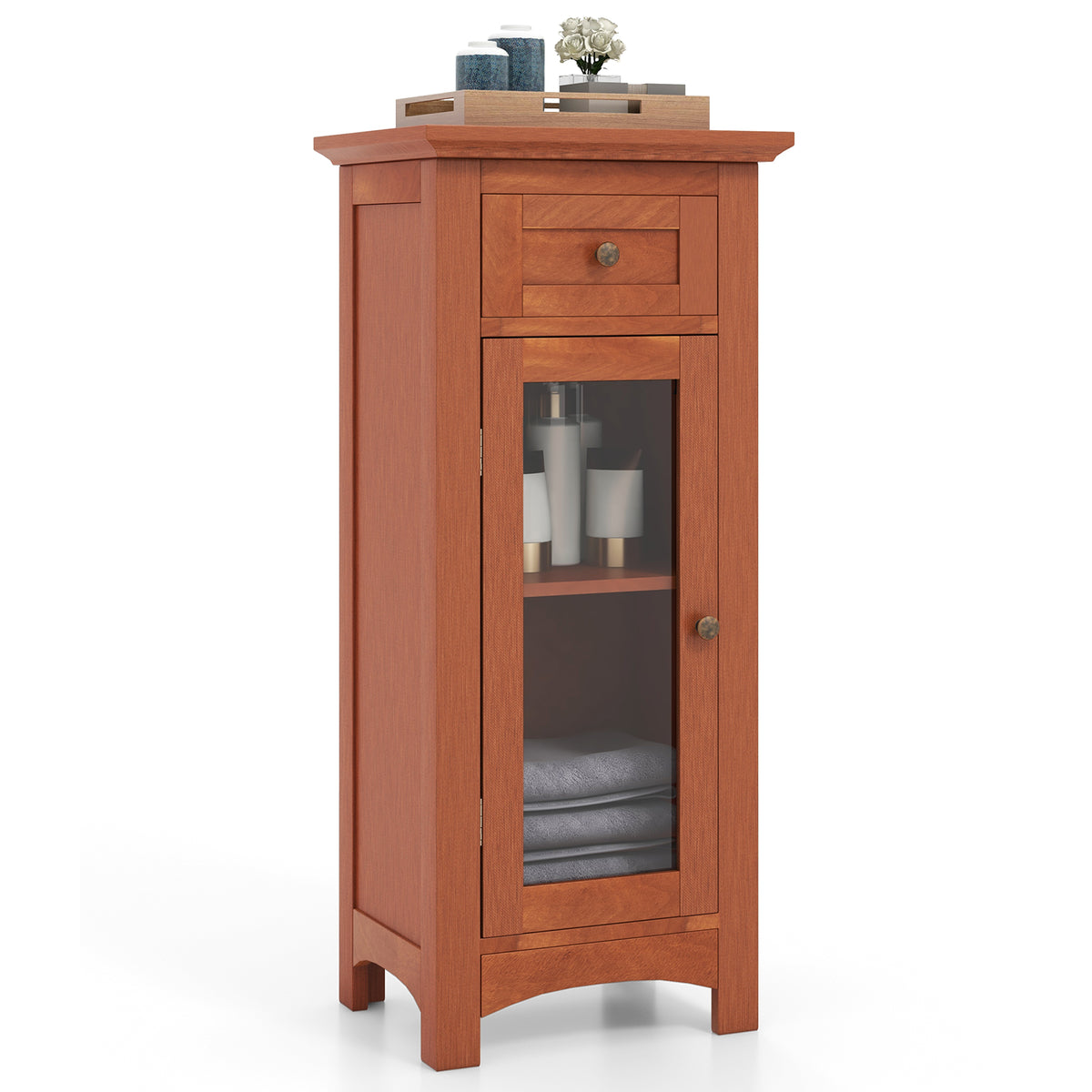 Bathroom Storage Cabinet with Glass Door and Drawer - Brown-Bathroom Floor Cabinets-DECOROLALA