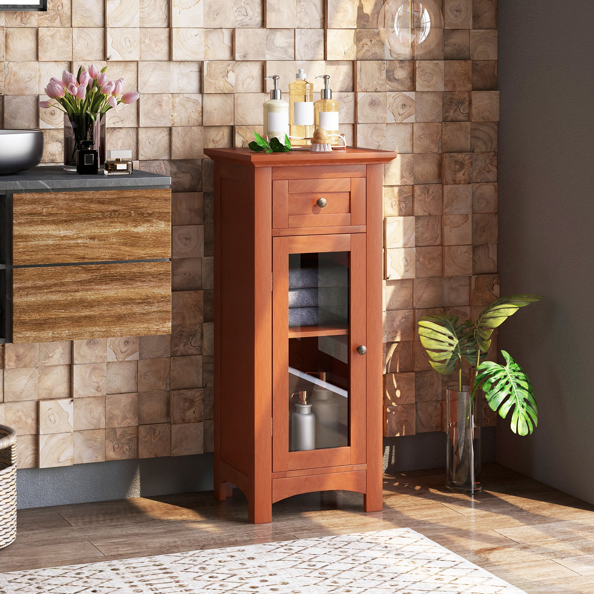 Bathroom Storage Cabinet with Glass Door and Drawer - Brown-Floor Cabinets-DECOROLALA