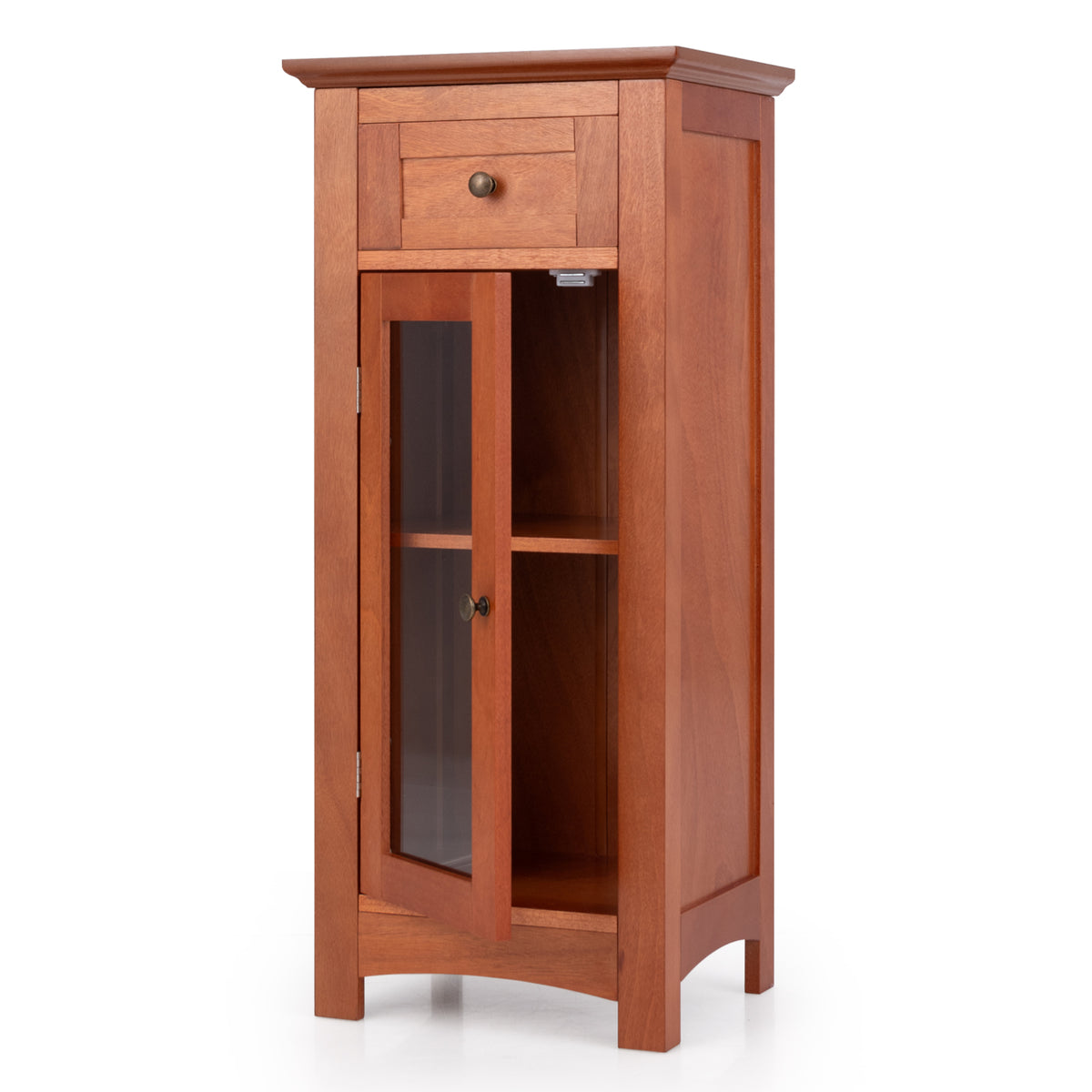 Bathroom Storage Cabinet with Glass Door and Drawer - Brown-Floor Cabinets-DECOROLALA