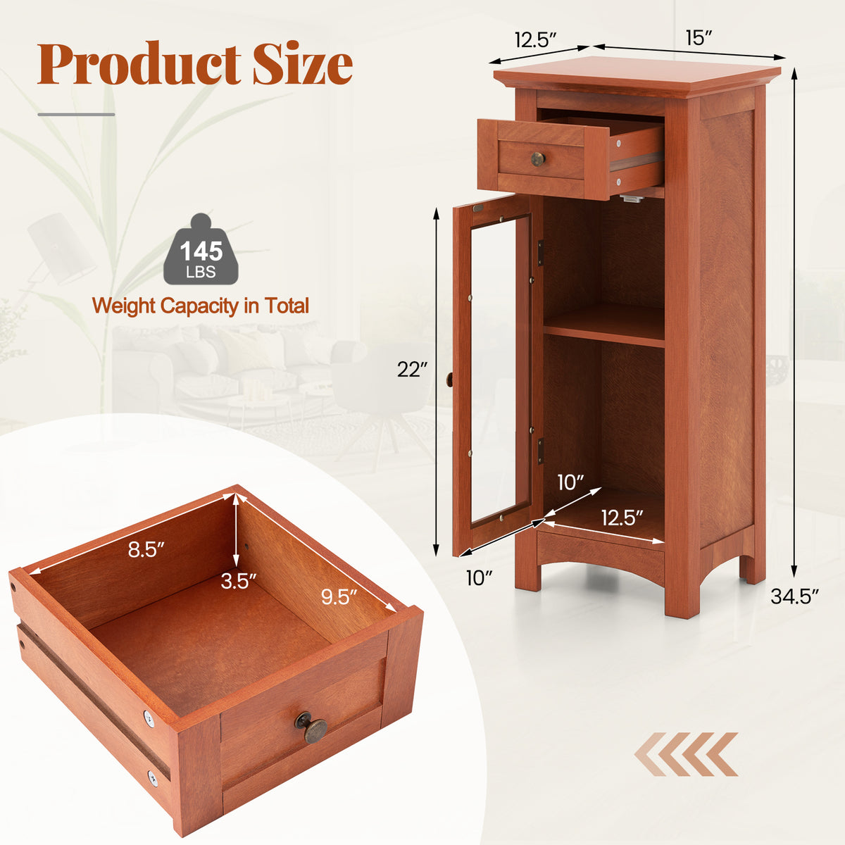 Bathroom Storage Cabinet with Glass Door and Drawer - Brown-Floor Cabinets-DECOROLALA