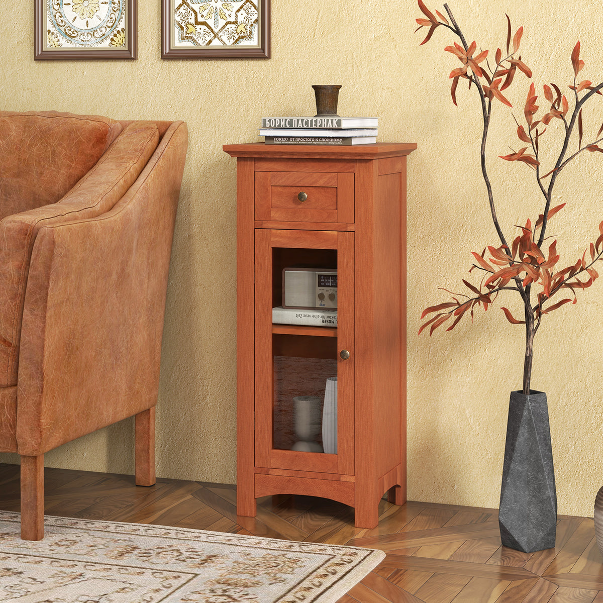 Bathroom Storage Cabinet with Glass Door and Drawer - Brown-Floor Cabinets-DECOROLALA