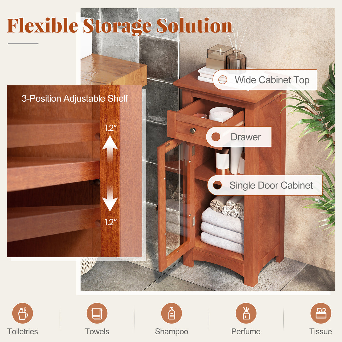 Bathroom Storage Cabinet with Glass Door and Drawer - Brown-Floor Cabinets-DECOROLALA