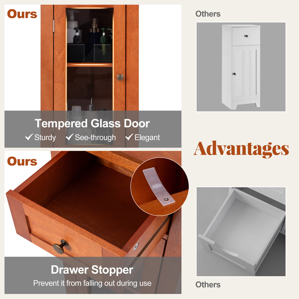 Bathroom Storage Cabinet with Glass Door and Drawer - Brown-Floor Cabinets-DECOROLALA