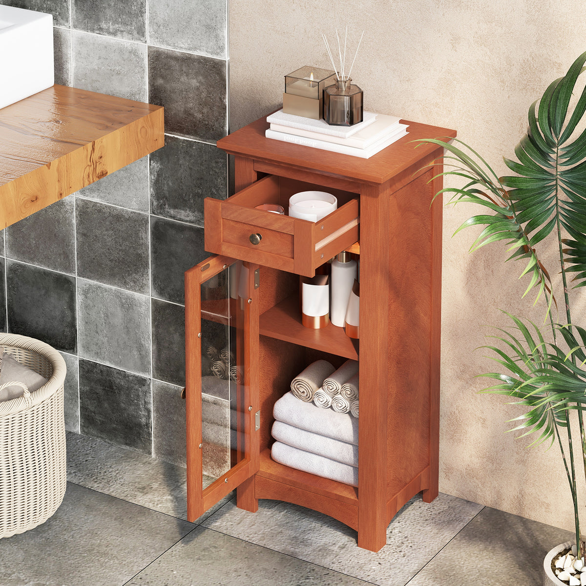 Bathroom Storage Cabinet with Glass Door and Drawer - Brown-Floor Cabinets-DECOROLALA