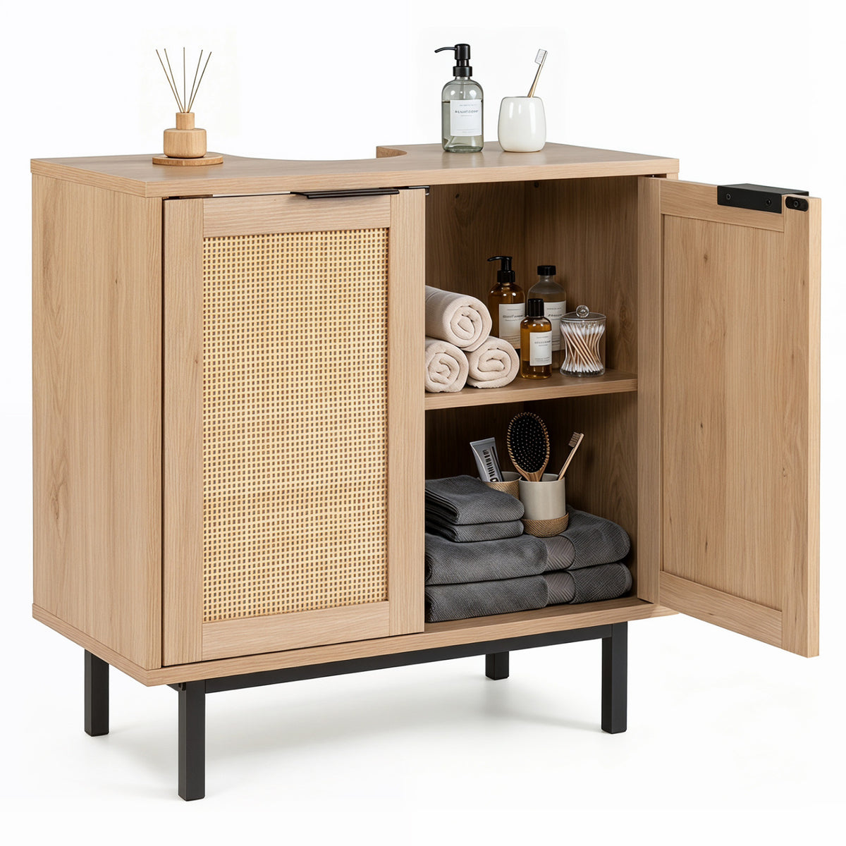 Bathroom Under Sink Cabinet - Rattan Doors & Shelf Natural-Floor Cabinets-DECOROLALA
