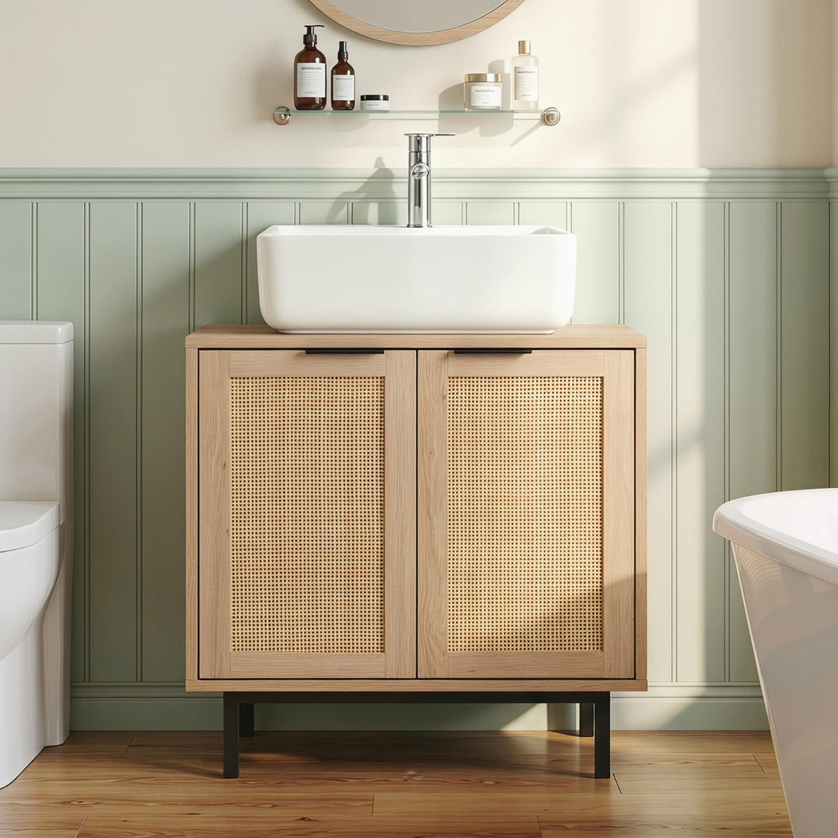Bathroom Under Sink Cabinet - Rattan Doors & Shelf Natural-Floor Cabinets-DECOROLALA