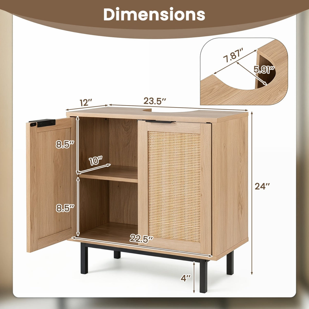 Bathroom Under Sink Cabinet - Rattan Doors & Shelf Natural-Floor Cabinets-DECOROLALA