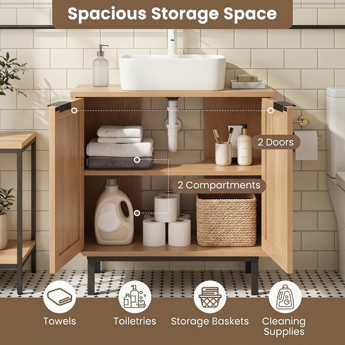 Bathroom Under Sink Cabinet - Rattan Doors & Shelf Natural-Floor Cabinets-DECOROLALA