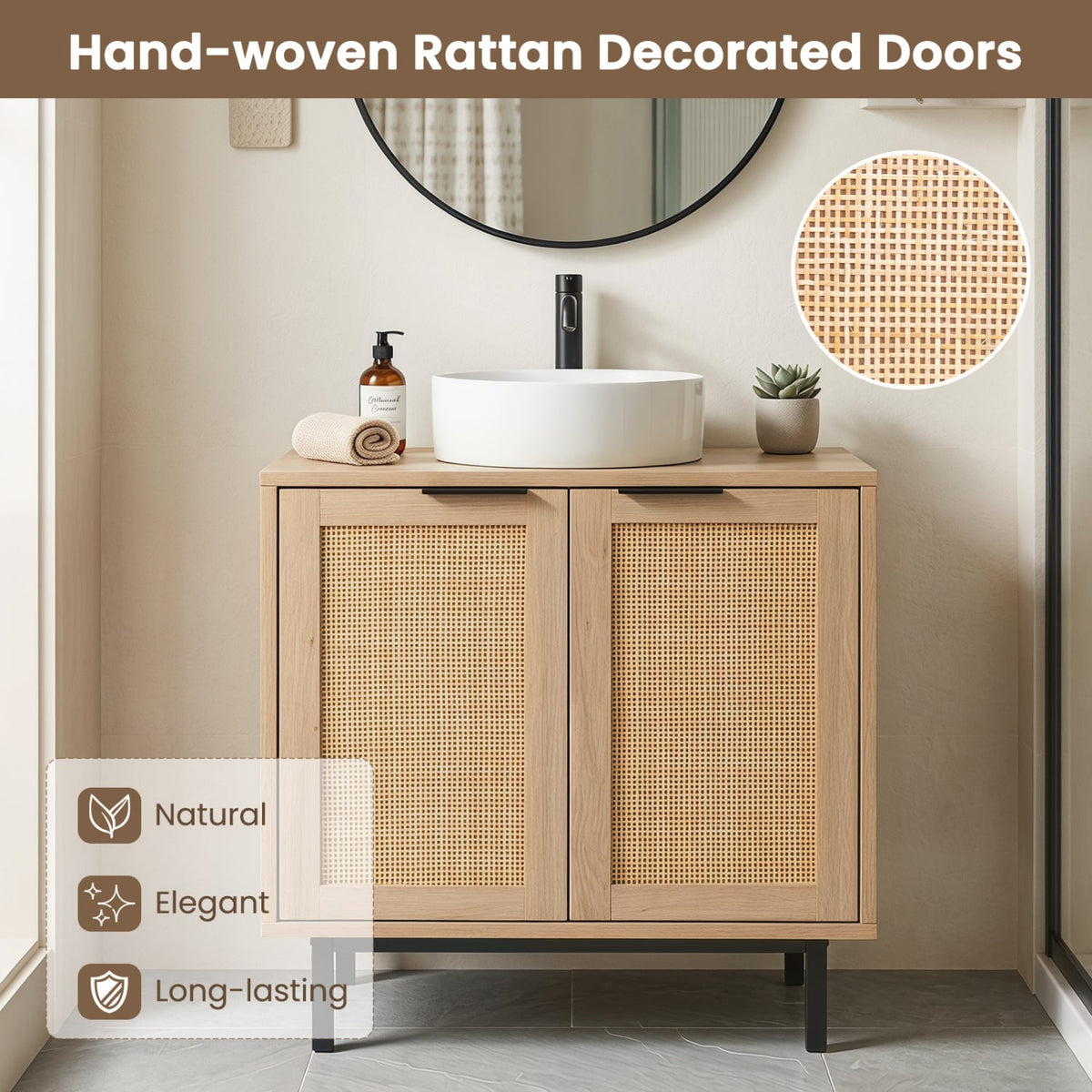 Bathroom Under Sink Cabinet - Rattan Doors & Shelf Natural-Floor Cabinets-DECOROLALA