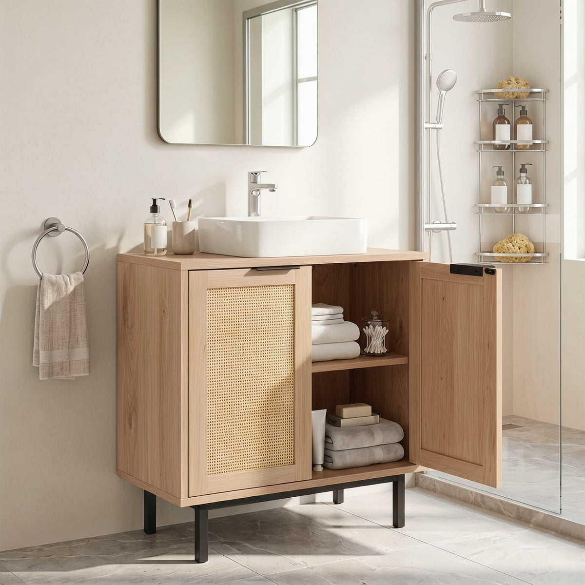 Bathroom Under Sink Cabinet - Rattan Doors & Shelf Natural-Floor Cabinets-DECOROLALA