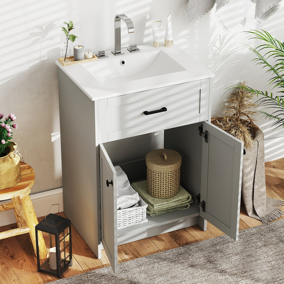 Bathroom Vanity Unit with Ceramic Basin - Gray 24" MDF Cabinet-Floor Cabinets-DECOROLALA