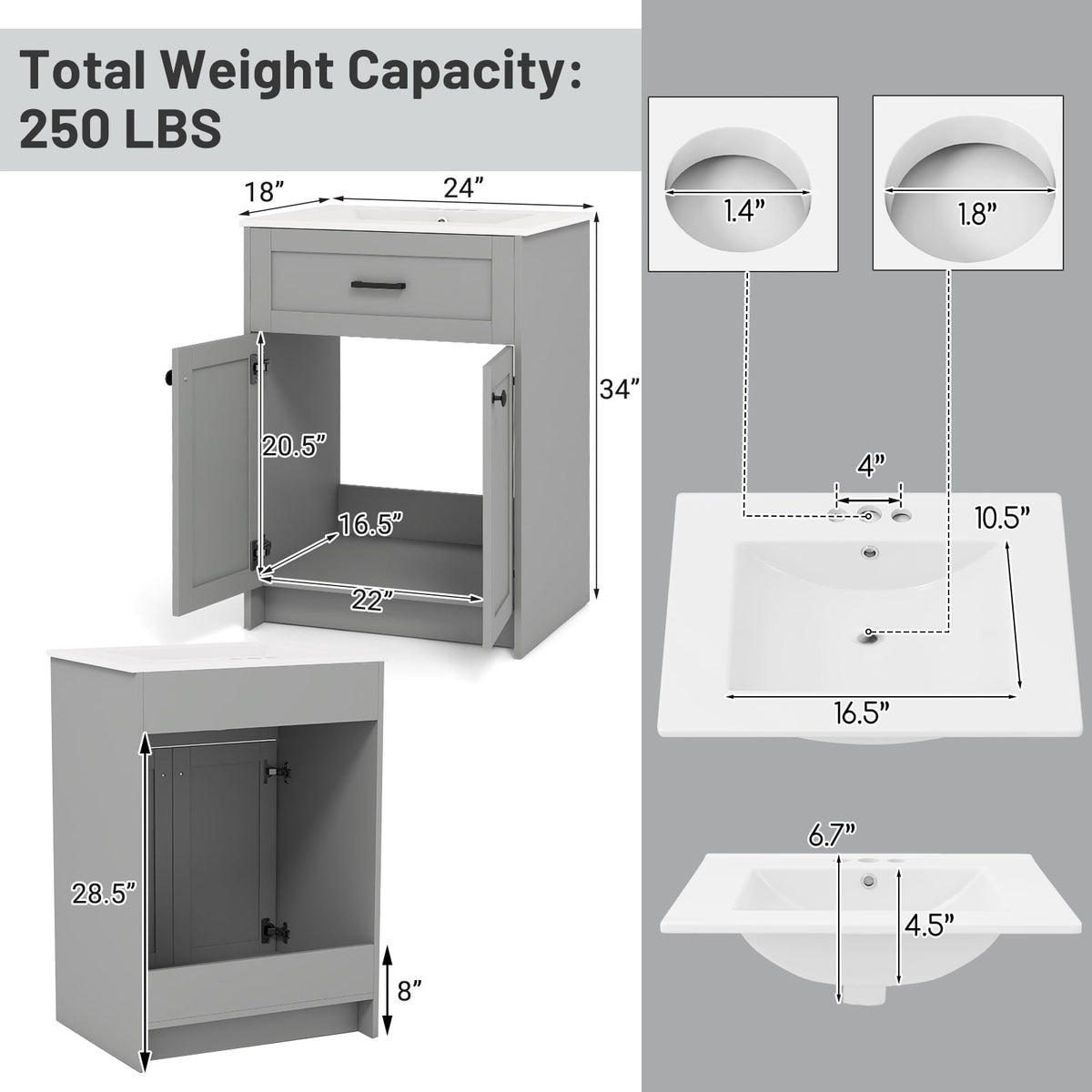 Bathroom Vanity Unit with Ceramic Basin - Gray 24" MDF Cabinet-Floor Cabinets-DECOROLALA