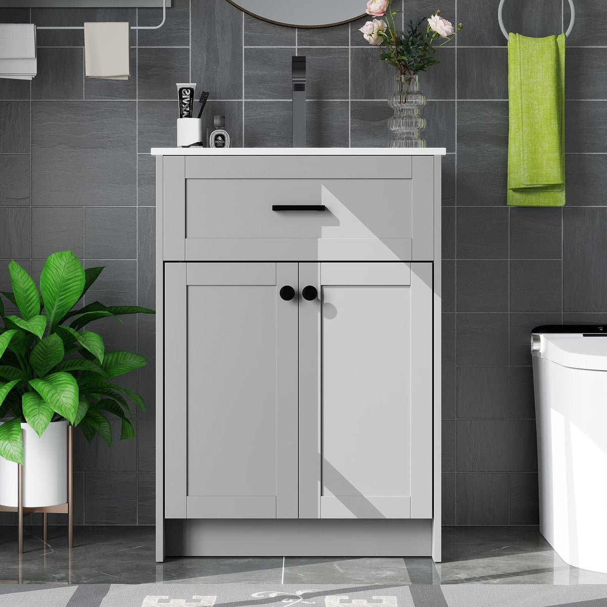 Bathroom Vanity Unit with Ceramic Basin - Gray 24" MDF Cabinet-Floor Cabinets-DECOROLALA