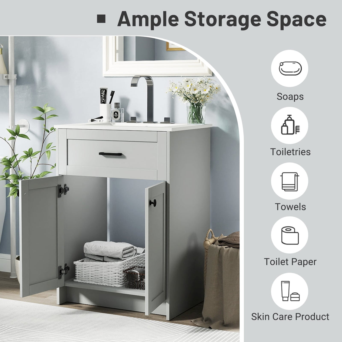 Bathroom Vanity Unit with Ceramic Basin - Gray 24" MDF Cabinet-Floor Cabinets-DECOROLALA