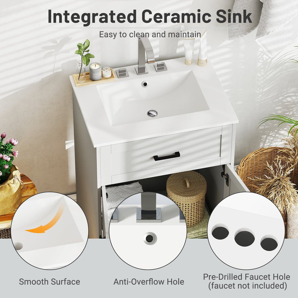 Bathroom Vanity Unit with Ceramic Basin - Gray 24" MDF Cabinet-Floor Cabinets-DECOROLALA