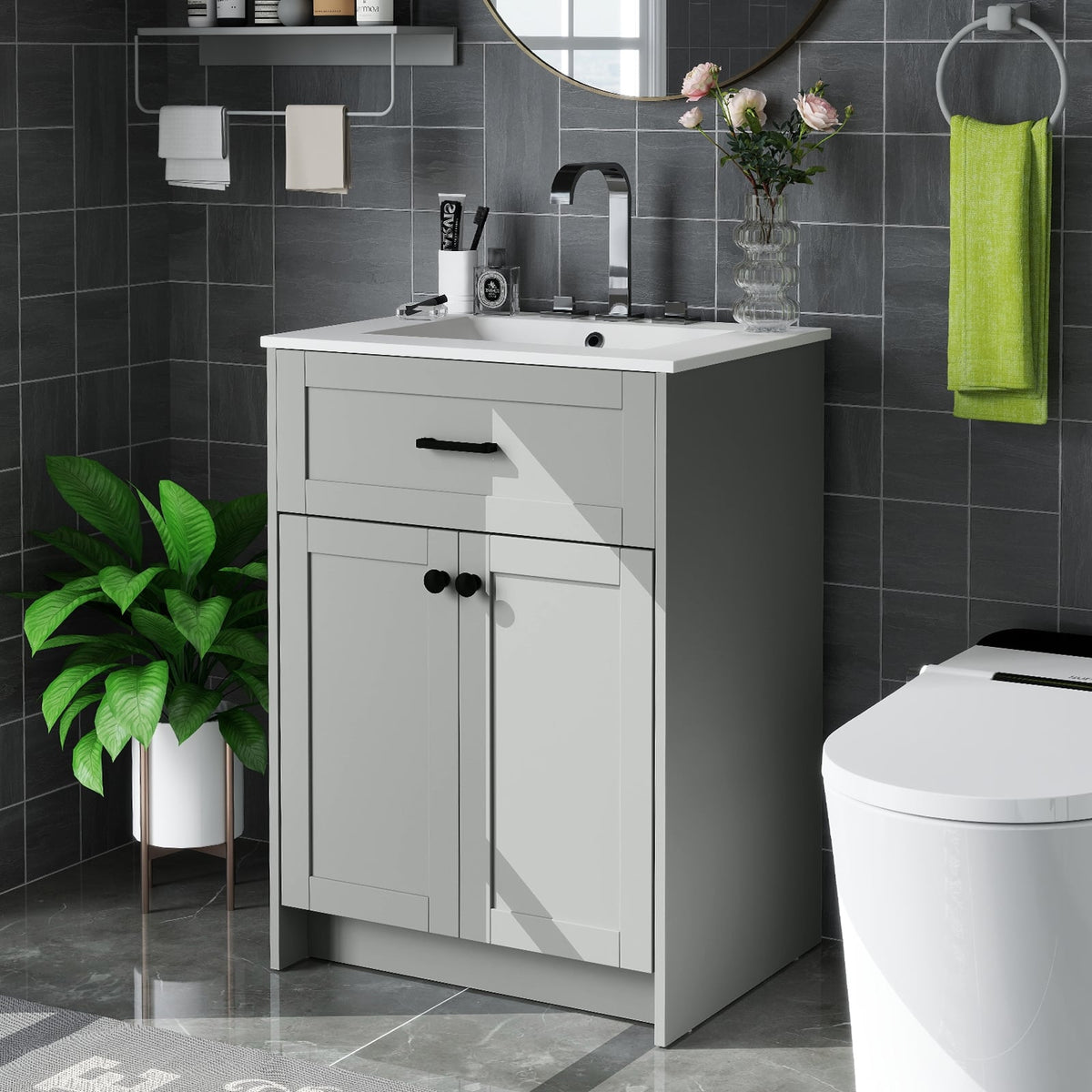 Bathroom Vanity Unit with Ceramic Basin - Gray 24" MDF Cabinet-Floor Cabinets-DECOROLALA