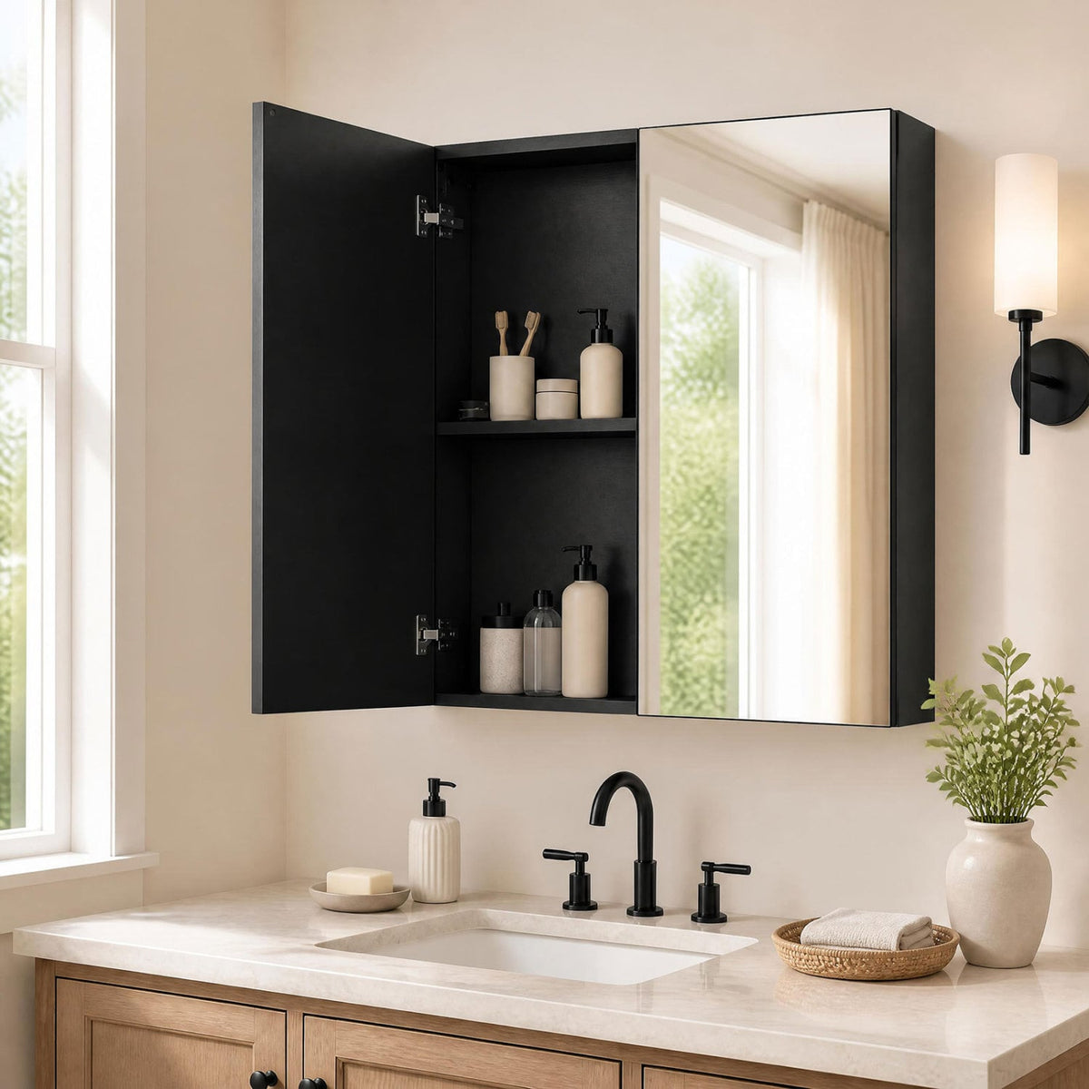Bathroom Wall Cabinet - 2 Mirrored Doors 24.5" Black-Bathroom Wall Cabinets-DECOROLALA