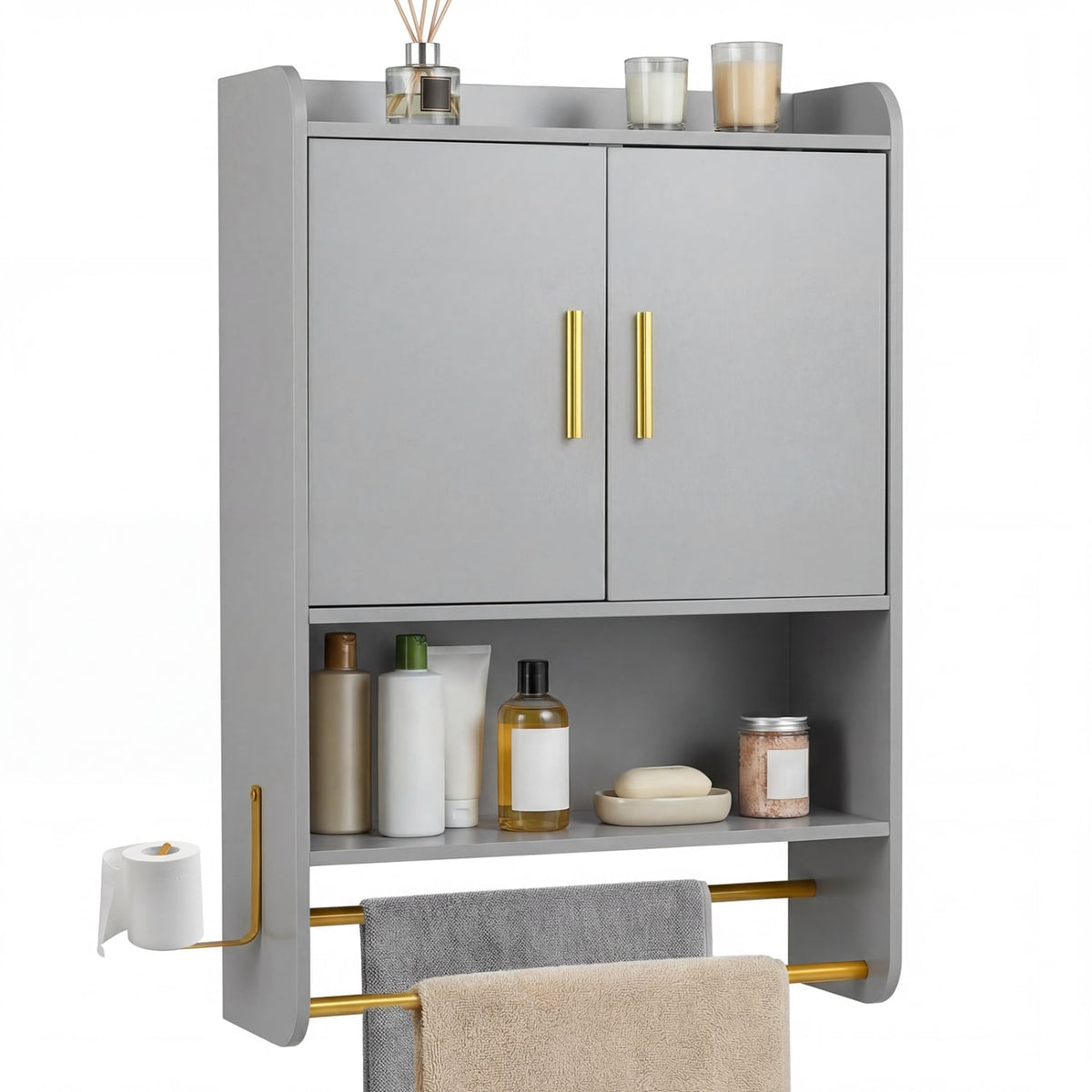 Bathroom Wall Cabinet Medicine Cabinet with Towel Bars - Grey-Wall Cabinets-DECOROLALA