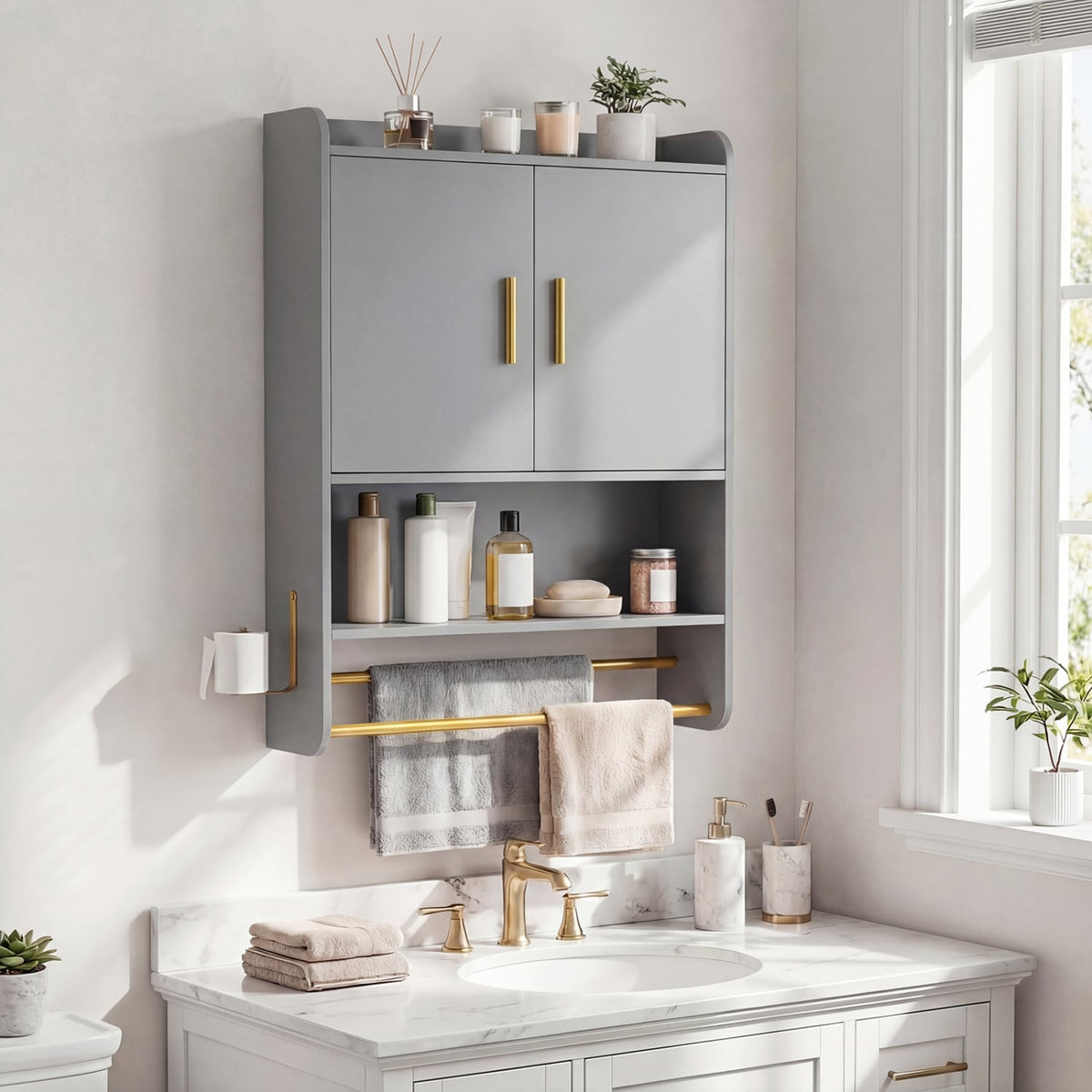 Bathroom Wall Cabinet Medicine Cabinet with Towel Bars - Grey-Wall Cabinets-DECOROLALA