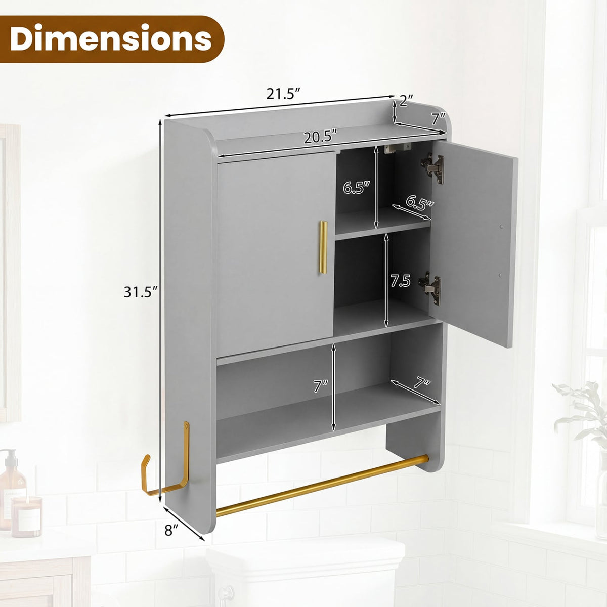 Bathroom Wall Cabinet Medicine Cabinet with Towel Bars - Grey-Wall Cabinets-DECOROLALA