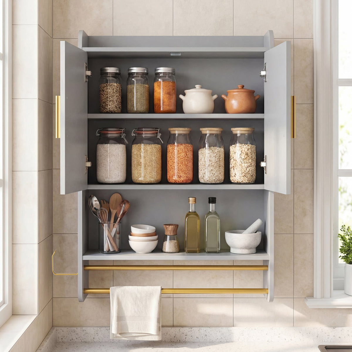 Bathroom Wall Cabinet Medicine Cabinet with Towel Bars - Grey-Wall Cabinets-DECOROLALA