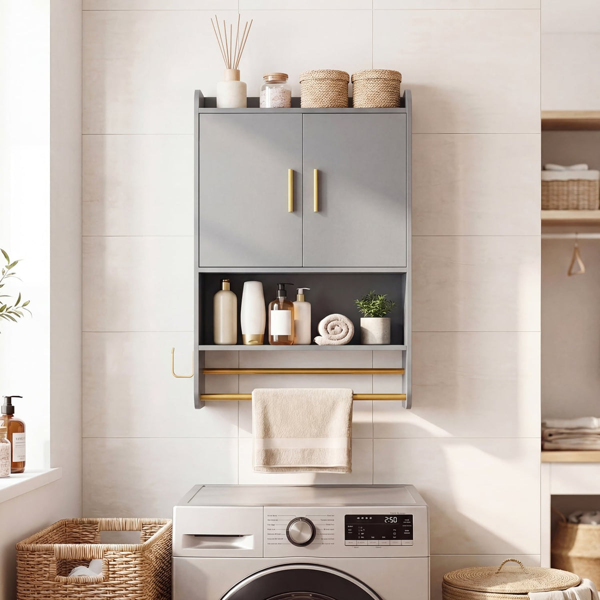 Bathroom Wall Cabinet Medicine Cabinet with Towel Bars - Grey-Wall Cabinets-DECOROLALA