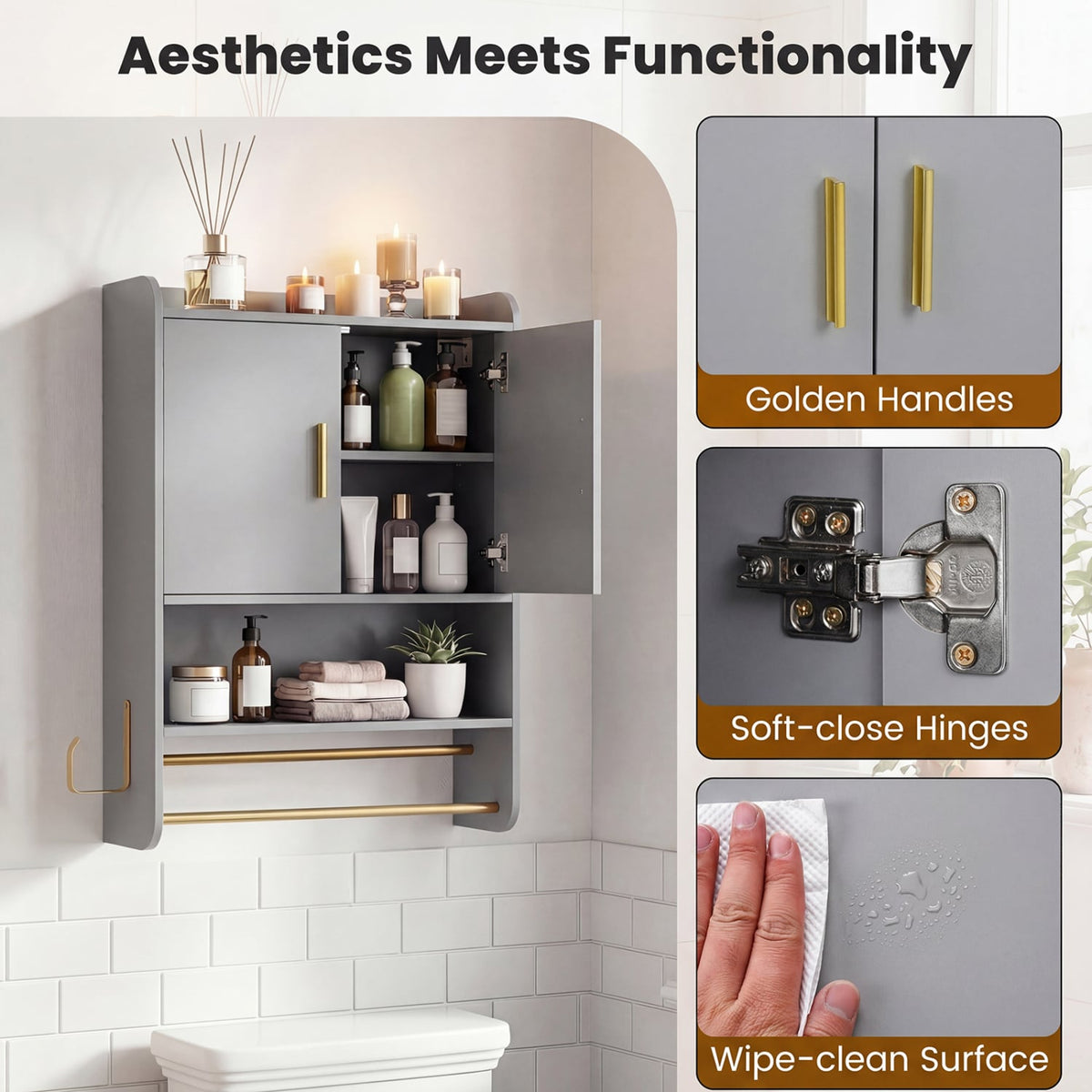Bathroom Wall Cabinet Medicine Cabinet with Towel Bars - Grey-Wall Cabinets-DECOROLALA