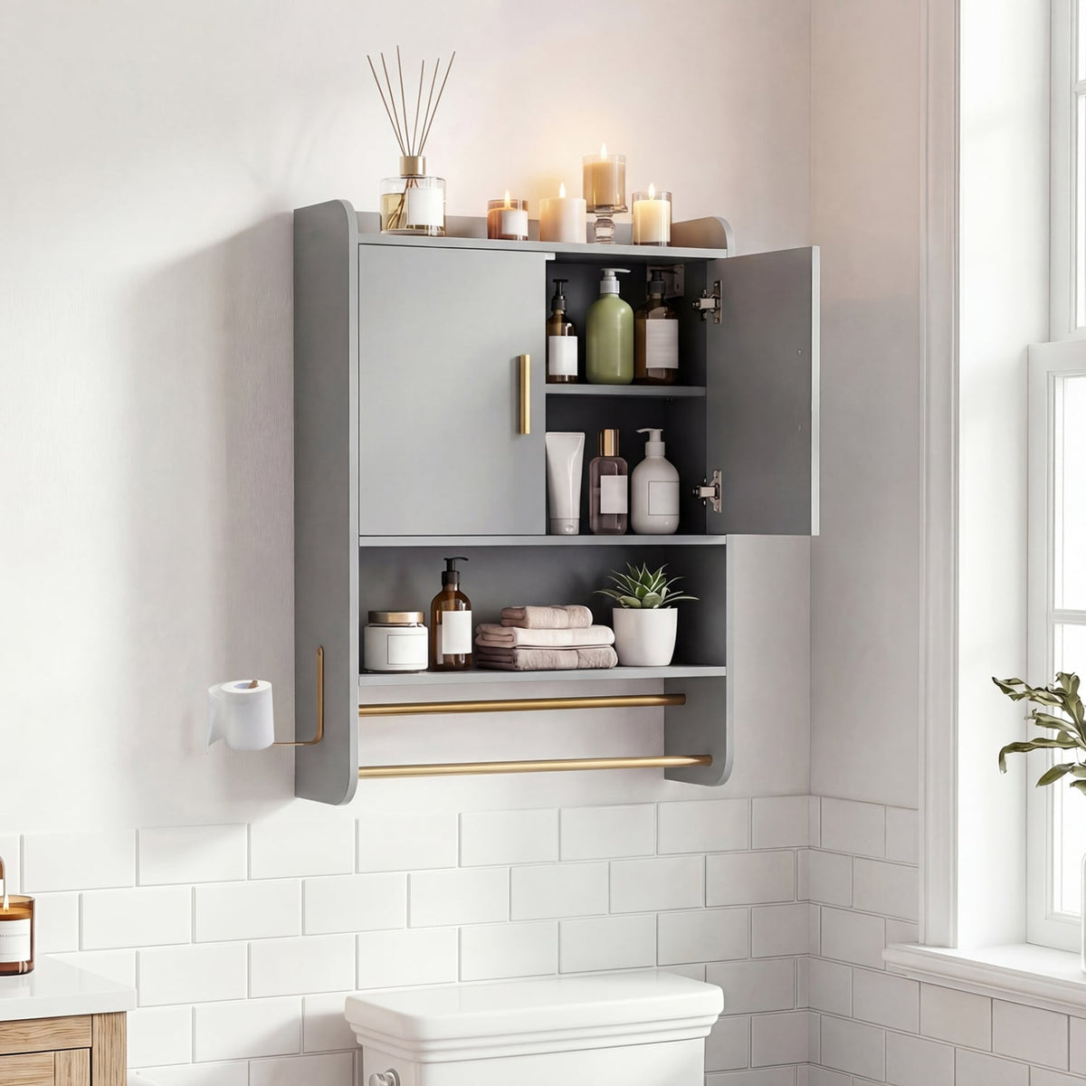Bathroom Wall Cabinet Medicine Cabinet with Towel Bars - Grey-Wall Cabinets-DECOROLALA