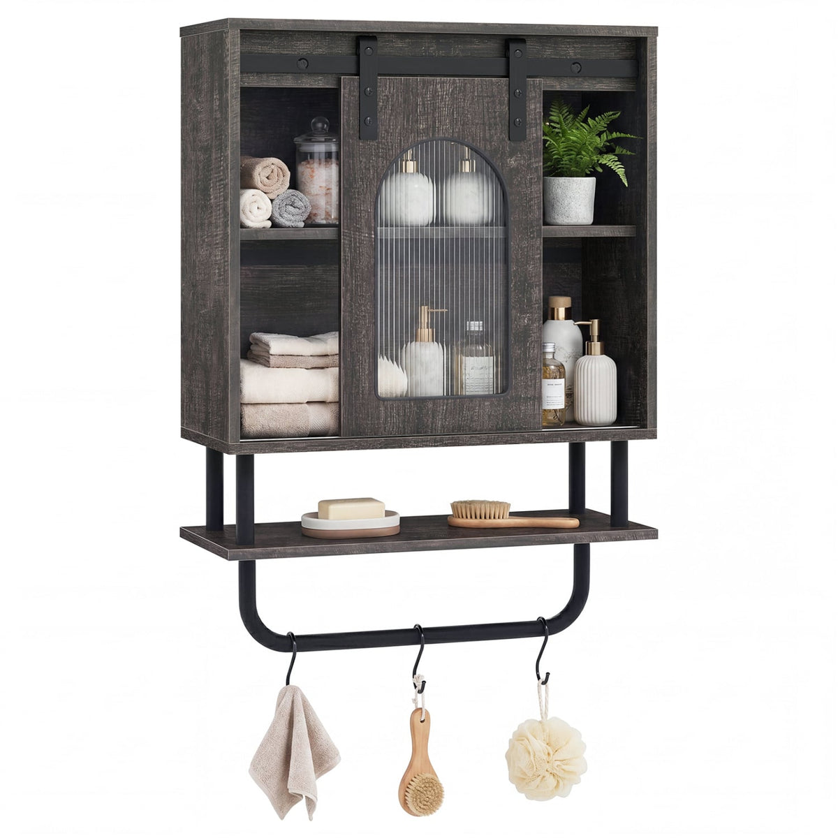 Bathroom Wall Cabinet - Sliding Barn Door & 3 Hooks Black 20"-Wall Cabinets-DECOROLALA