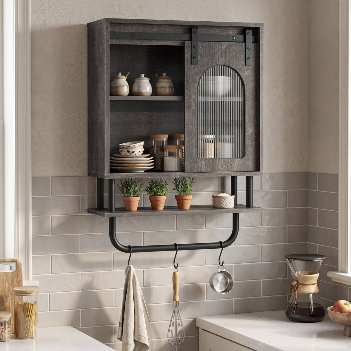 Bathroom Wall Cabinet - Sliding Barn Door & 3 Hooks Black 20"-Wall Cabinets-DECOROLALA