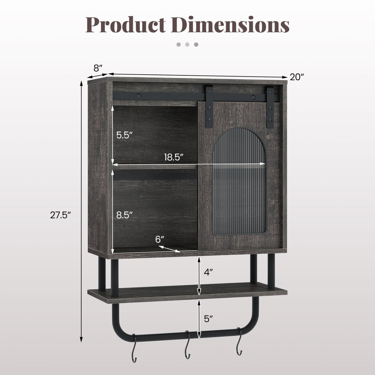 Bathroom Wall Cabinet - Sliding Barn Door & 3 Hooks Black 20"-Wall Cabinets-DECOROLALA