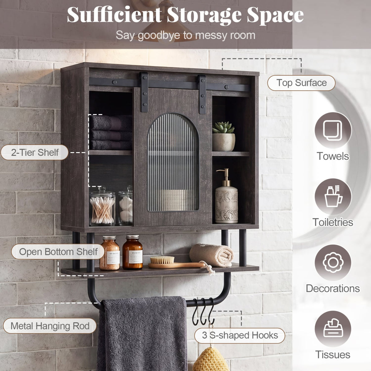 Bathroom Wall Cabinet - Sliding Barn Door & 3 Hooks Black 20"-Wall Cabinets-DECOROLALA