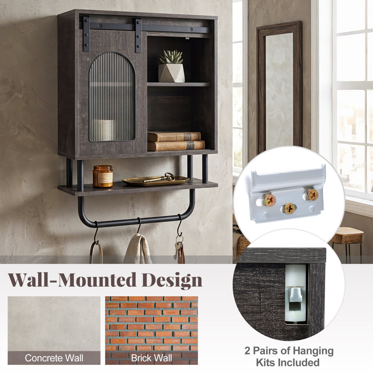 Bathroom Wall Cabinet - Sliding Barn Door & 3 Hooks Black 20"-Wall Cabinets-DECOROLALA