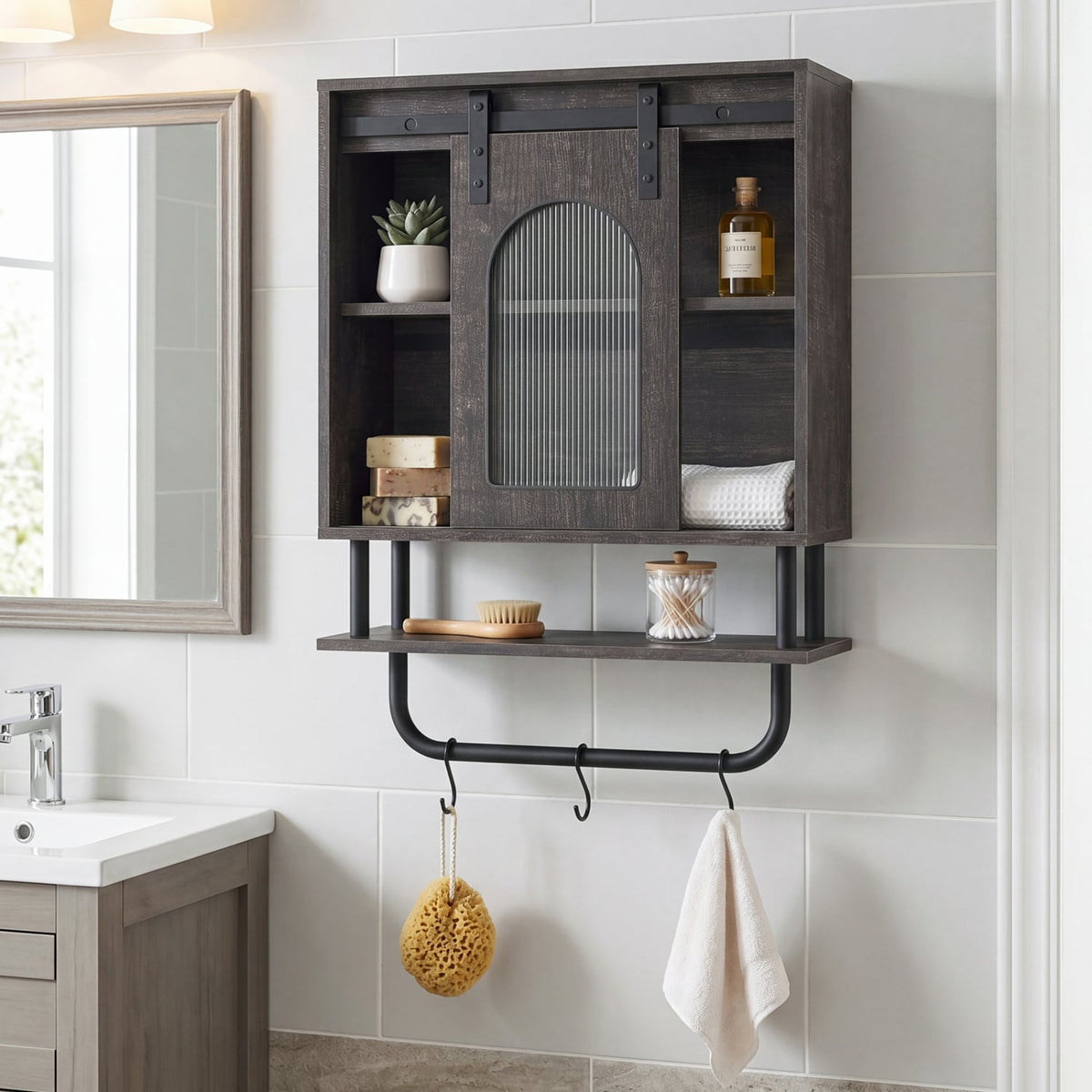 Bathroom Wall Cabinet - Sliding Barn Door & 3 Hooks Black 20"-Wall Cabinets-DECOROLALA