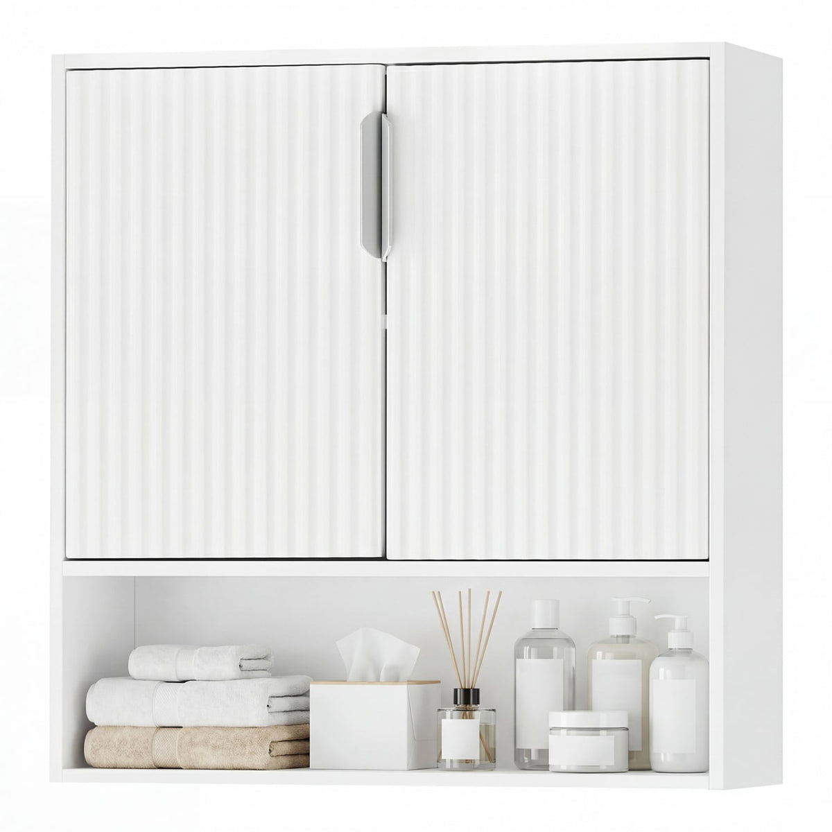Bathroom Wall Cabinet - White Fluted 2-Door Storage with Shelf-Wall Cabinets-DECOROLALA