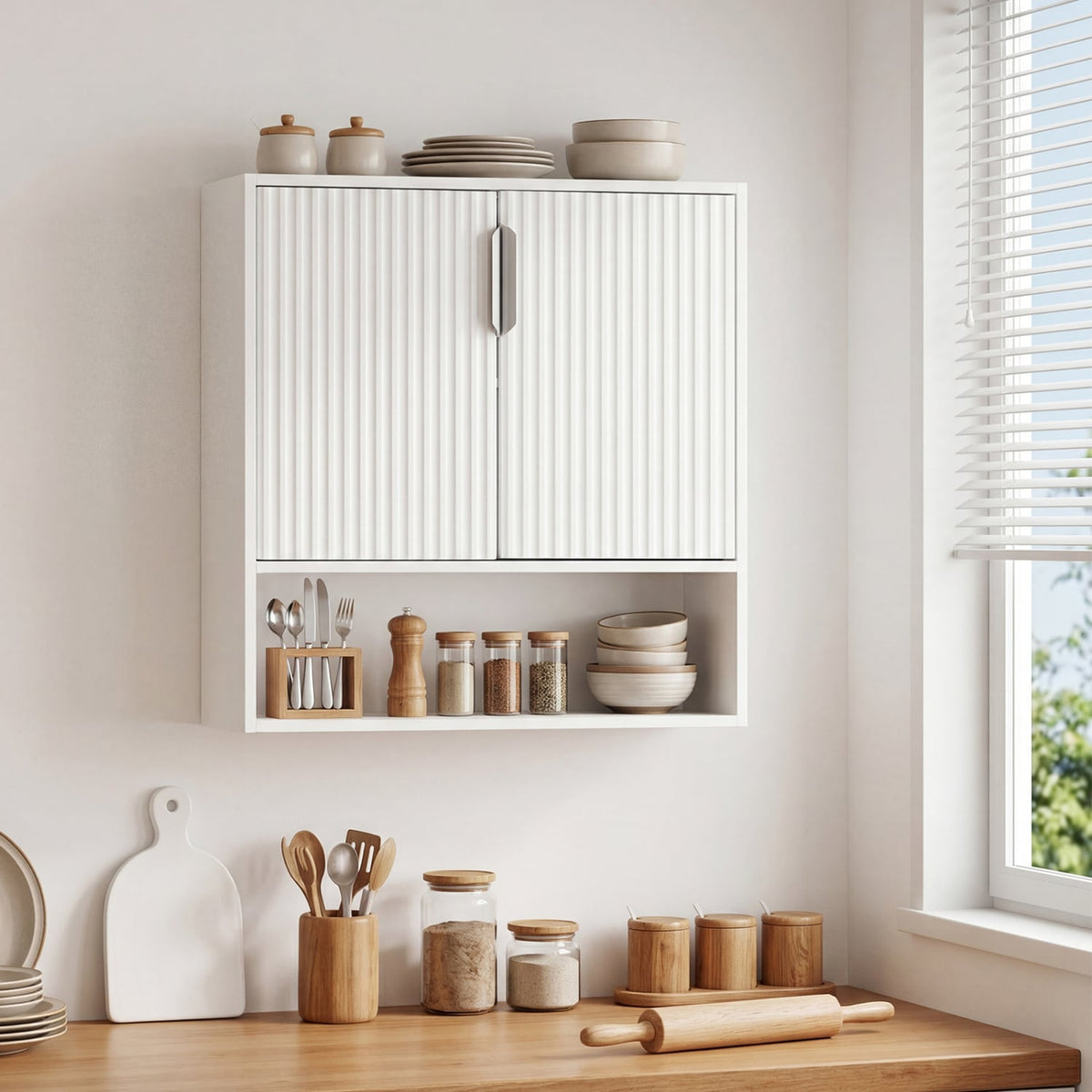 Bathroom Wall Cabinet - White Fluted 2-Door Storage with Shelf-Wall Cabinets-DECOROLALA