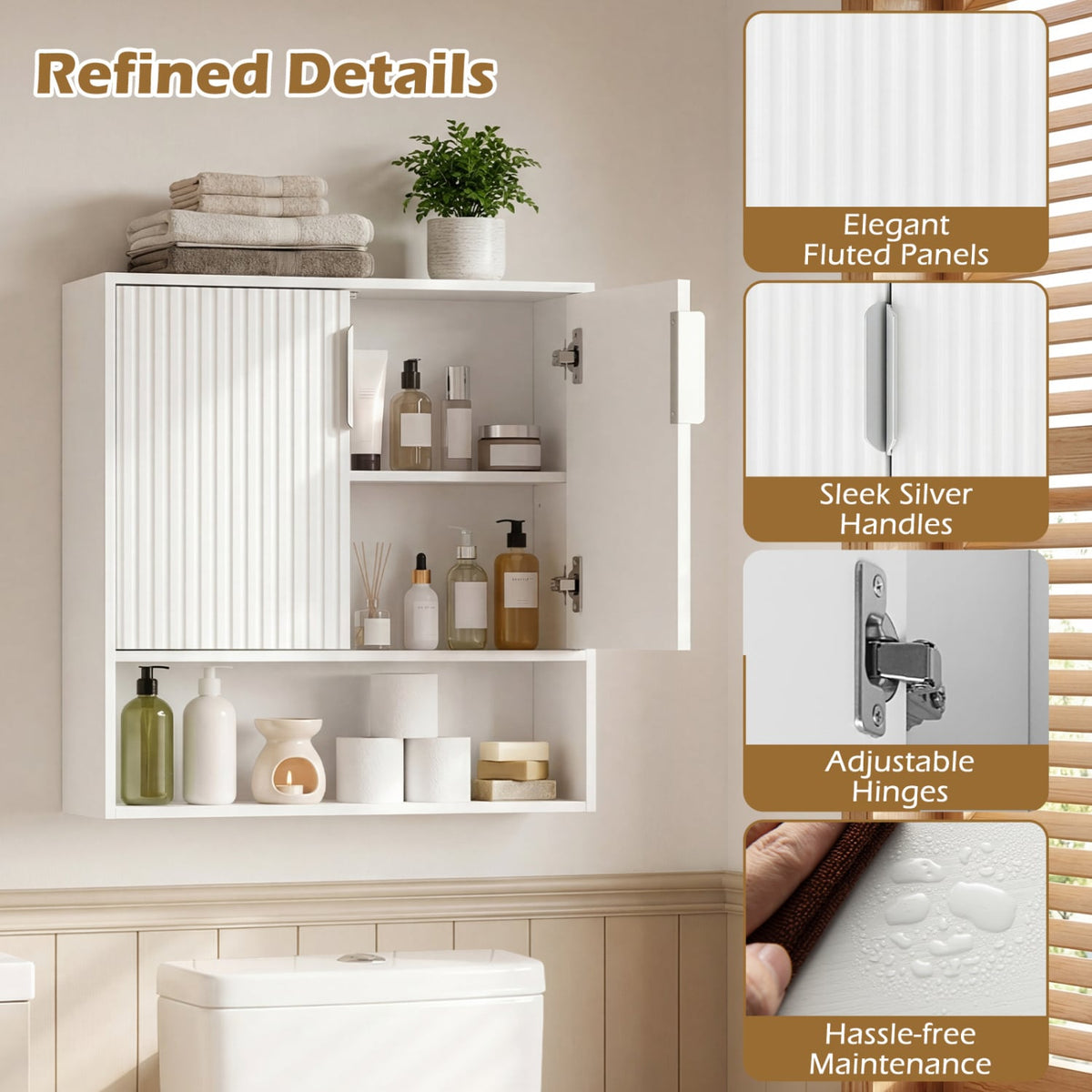 Bathroom Wall Cabinet - White Fluted 2-Door Storage with Shelf-Wall Cabinets-DECOROLALA