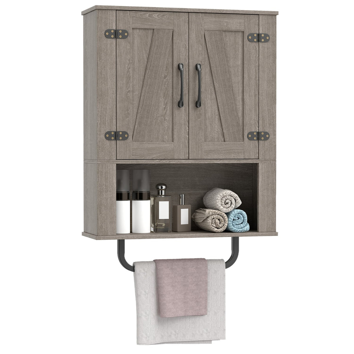 Bathroom Wall Cabinet with Barn Doors and Towel Bar - Gray 24"-Wall Cabinets-DECOROLALA