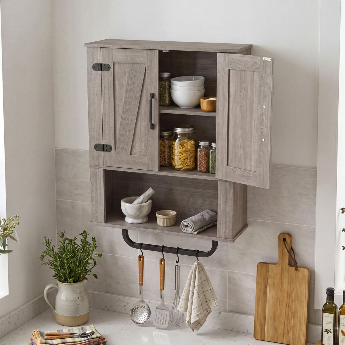 Bathroom Wall Cabinet with Barn Doors and Towel Bar - Gray 24"-Wall Cabinets-DECOROLALA