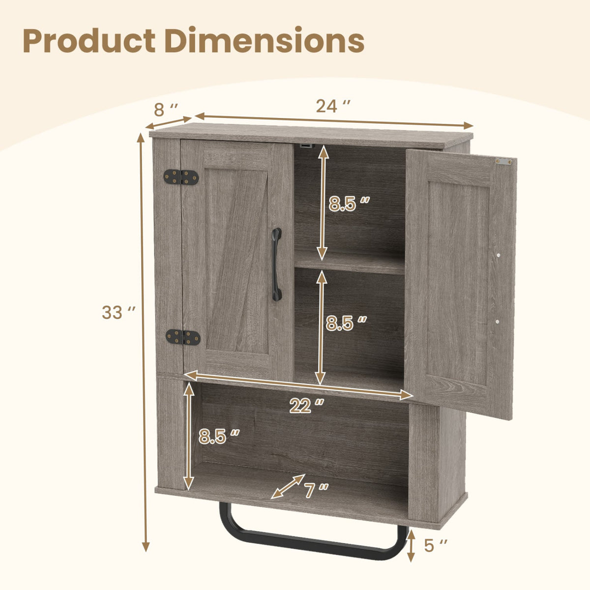 Bathroom Wall Cabinet with Barn Doors and Towel Bar - Gray 24"-Wall Cabinets-DECOROLALA
