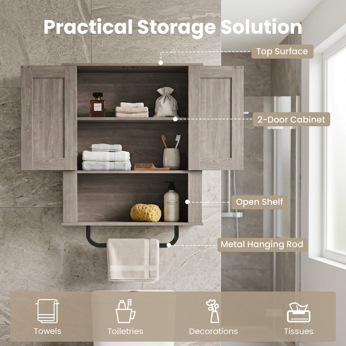 Bathroom Wall Cabinet with Barn Doors and Towel Bar - Gray 24"-Wall Cabinets-DECOROLALA