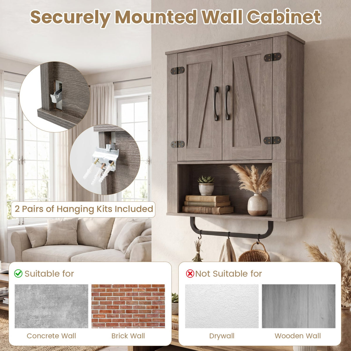 Bathroom Wall Cabinet with Barn Doors and Towel Bar - Gray 24"-Wall Cabinets-DECOROLALA