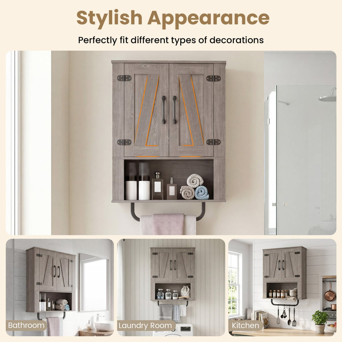 Bathroom Wall Cabinet with Barn Doors and Towel Bar - Gray 24"-Wall Cabinets-DECOROLALA