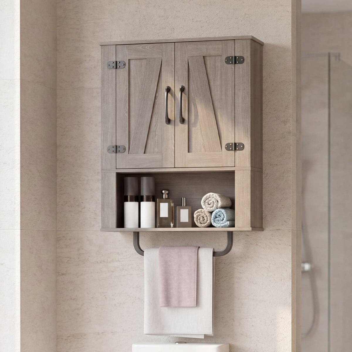 Bathroom Wall Cabinet with Barn Doors and Towel Bar - Gray 24"-Wall Cabinets-DECOROLALA