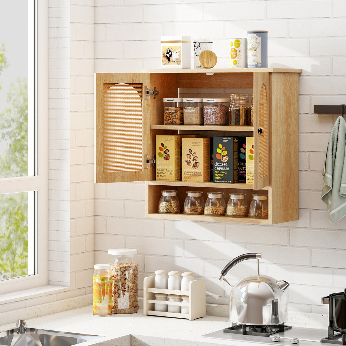 Bathroom Wall Cabinet with PE Rattan Doors - Natural 23.5"-Bathroom Wall Cabinets-DECOROLALA
