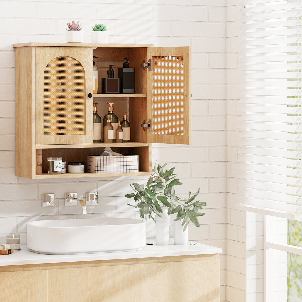Bathroom Wall Cabinet with PE Rattan Doors - Natural 23.5"-Wall Cabinets-DECOROLALA