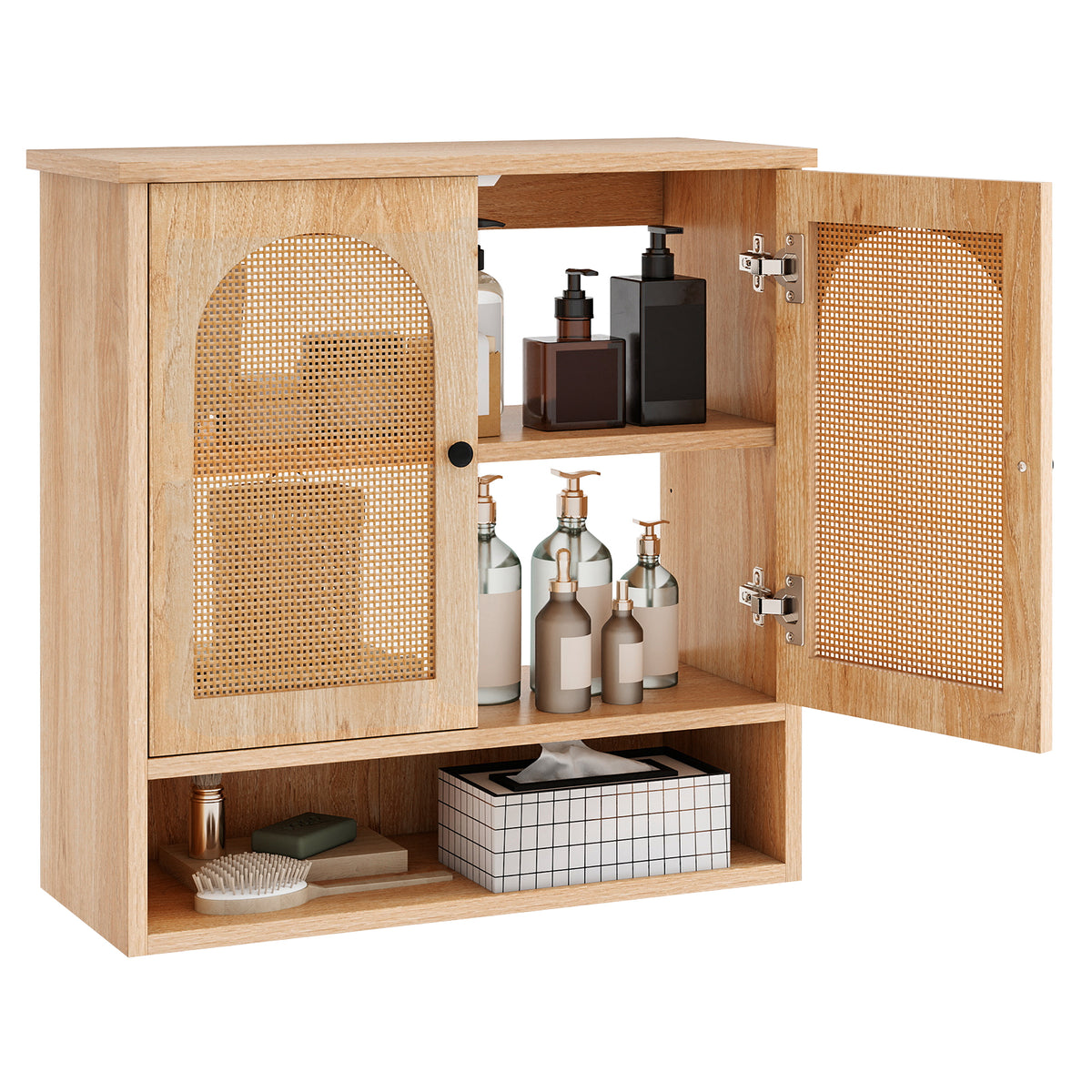 Bathroom Wall Cabinet with PE Rattan Doors - Natural 23.5"-Wall Cabinets-DECOROLALA